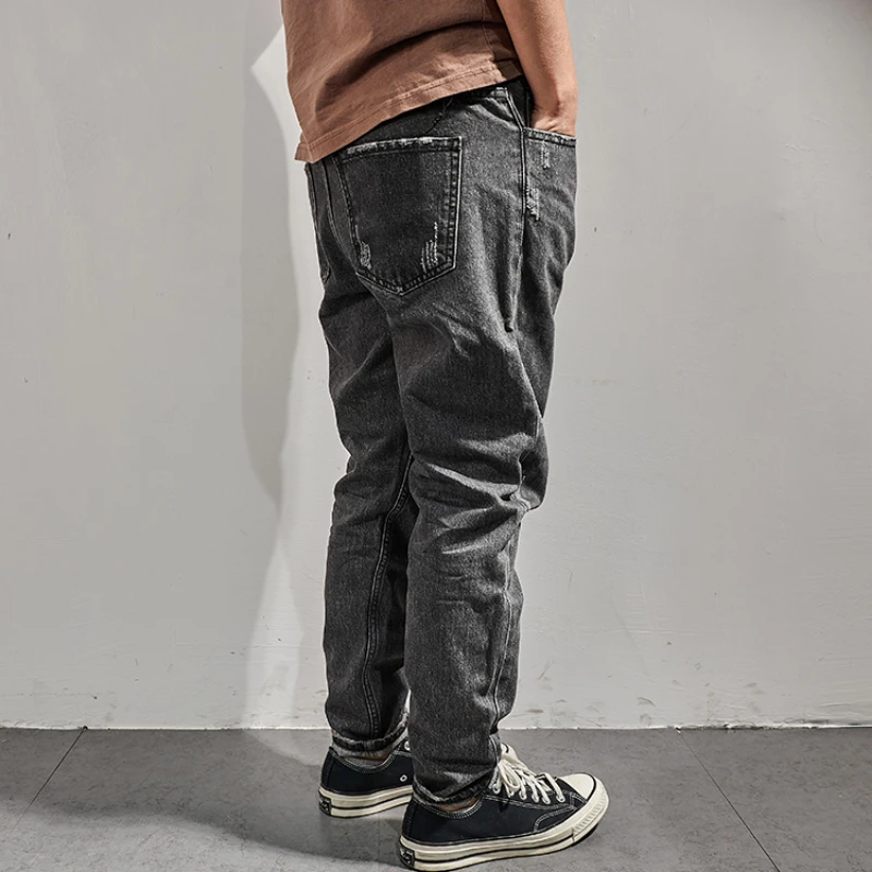 Spring and summer new style American retro made old grey jeans men's fashion brand slim fit casual small foot long pants