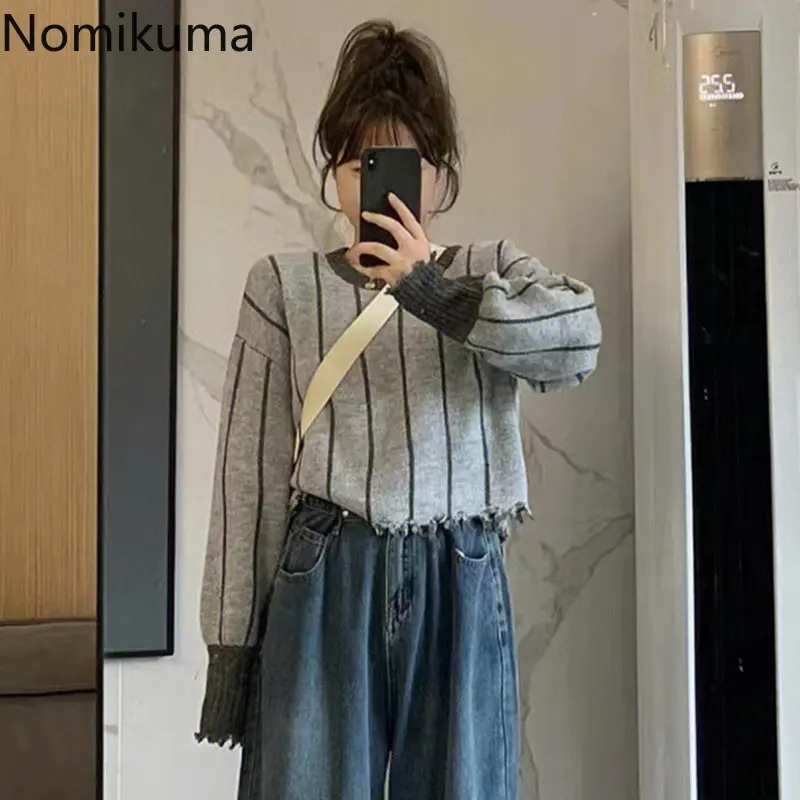 

Nomikuma Sweater Women Autumn Winter Striped High Waist Tassel Patchwork Loose Pull Femme Retro Harajuku Retro Sueters De Mujer