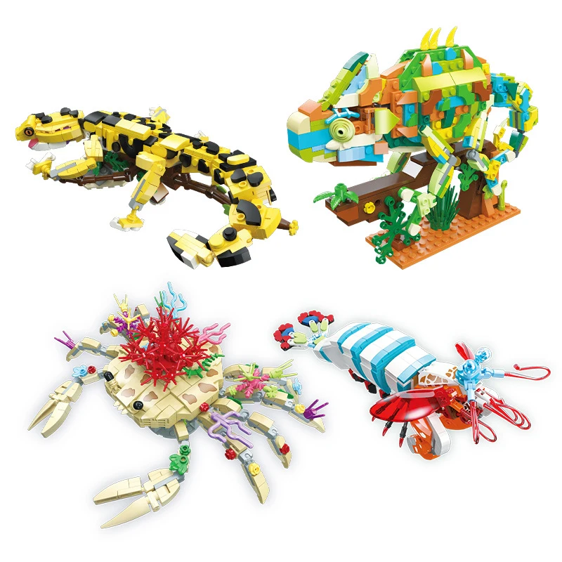 Биомиметические животные геккон/хамелеон/молода креветки/краб кирпичи MOC модель