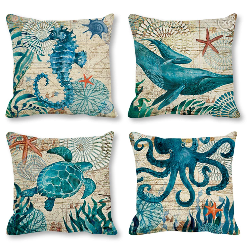 

Marine Life Cushion Cover Ocean Beach Sea Print Linen Pillow Case 45*45cm Dolphin Sea Turtle Conch Home Decorative Pillowcase