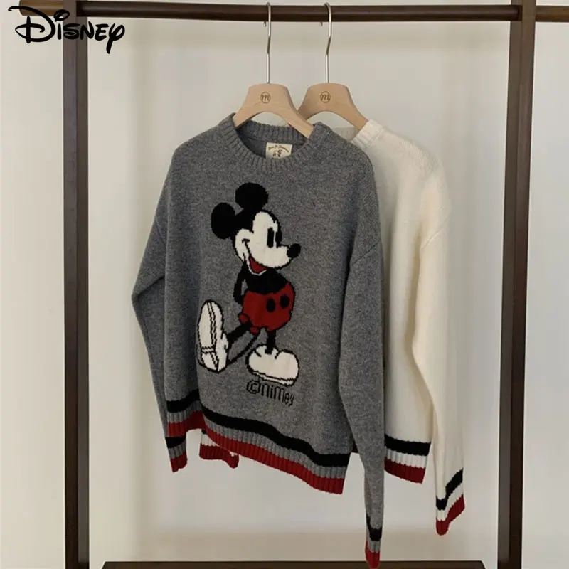 Фото Новое поступление от Disney: модные повседневные хлопковые свитера в полоску с Микки Маусом, осенне-зимние толстые плюшевые свитера с круглым вырезом №4