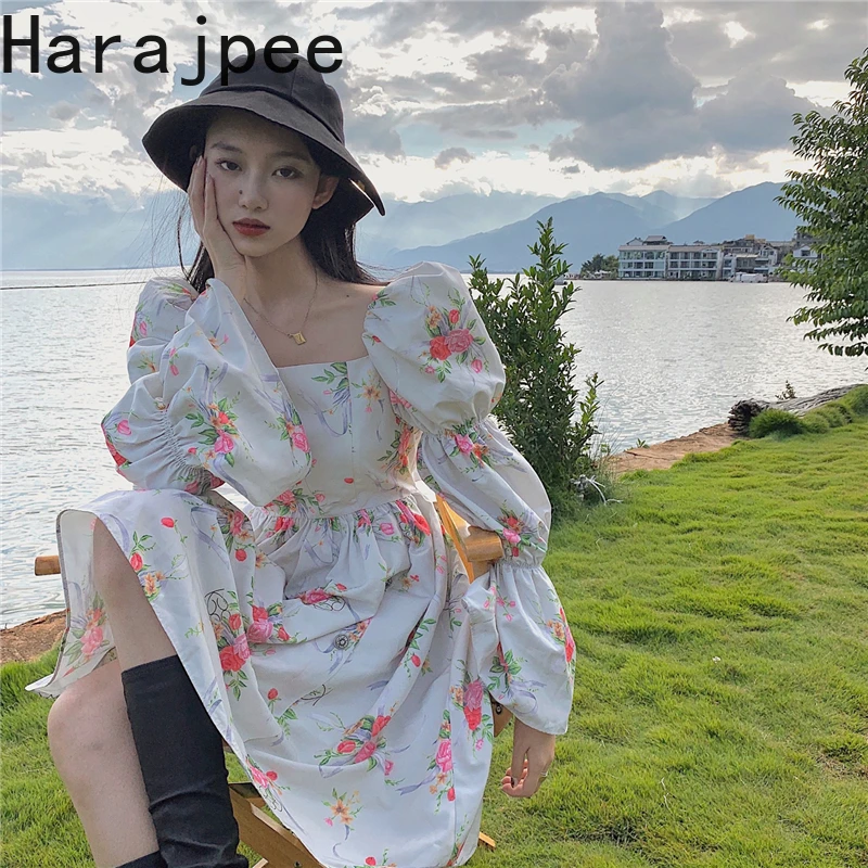 

Harajpee Printing Dress French Style Sweet Square Collar Puff Sleeve Loose Vintage Prairie Chic 2022 Spring New Women Dresses