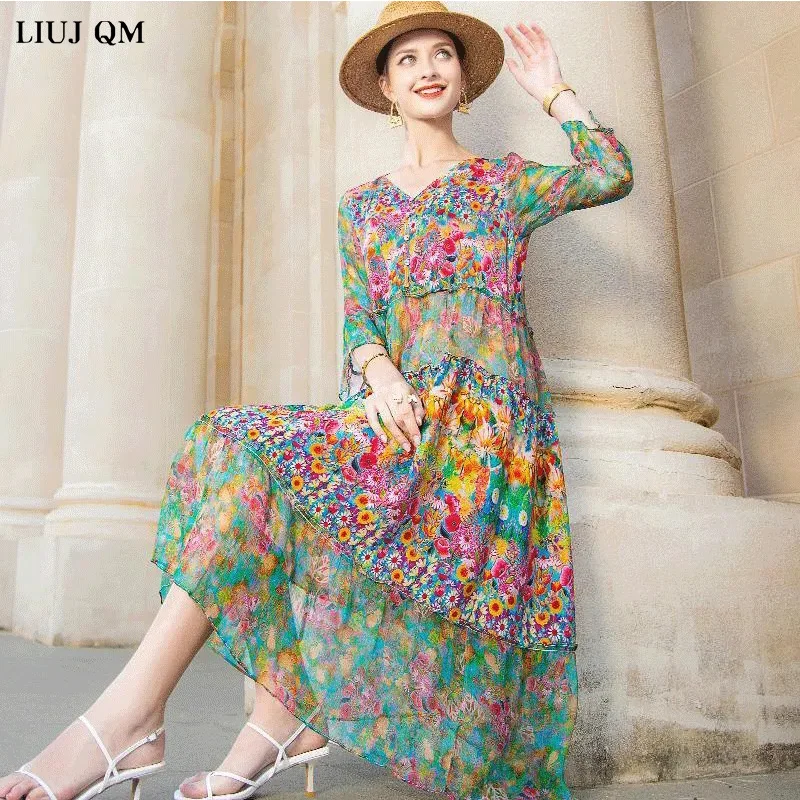 

Женское пляжное платье в стиле бохо, Элегантное Шелковое Вечернее платье средней длины с винтажным принтом и V-образным вырезом, свободные п...