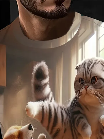 Мужская повседневная футболка с коротким рукавом и 3D-принтом животных — очаровательный дизайн кота и собаки, легкий полиэстер с круглым вырезом