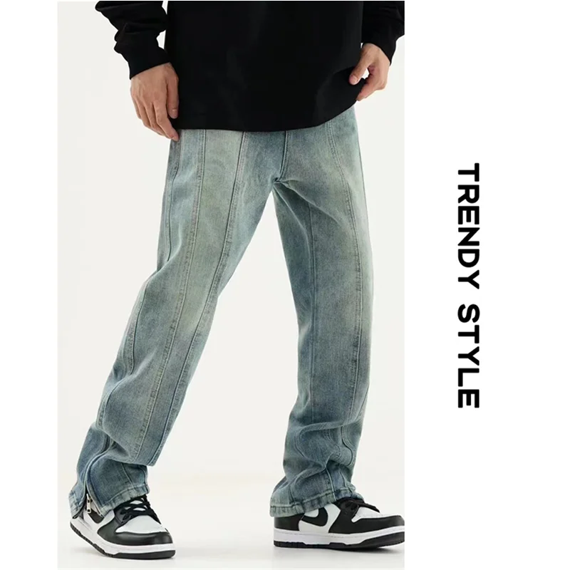 Streetwear Men High Street Stitching Loose Straight Jeans New Distressed Vintage Light Side Zipper Trousers Autumn and Winter