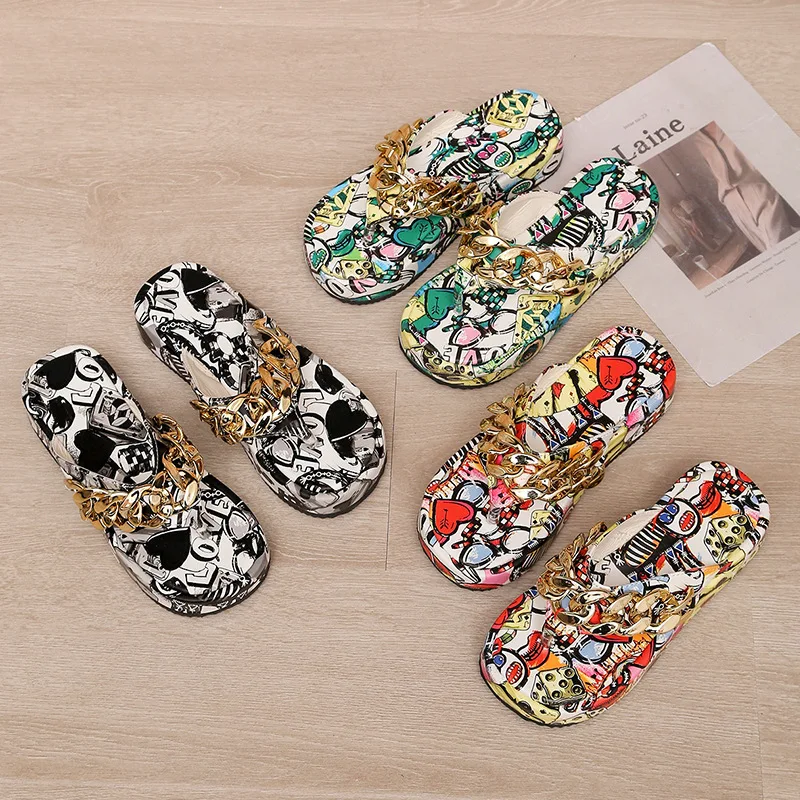 2022 summer new thick bottom round head print flip-flops women's large size metal chain outside wear sandals and slippers