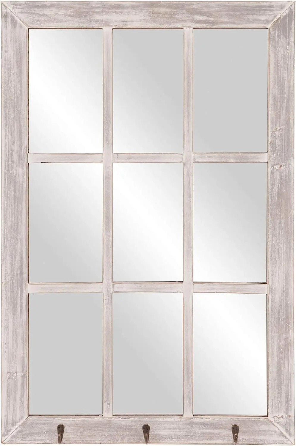

24x36 Distressed White Windowpane Wall Mirror with Hooks