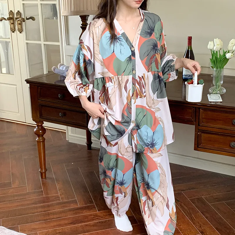 Fat Girl Summer Pajamas New Cotton Silk Air-conditioning Clothes Female Large Size Korean Long Pants Two-piece Home Wear Suits