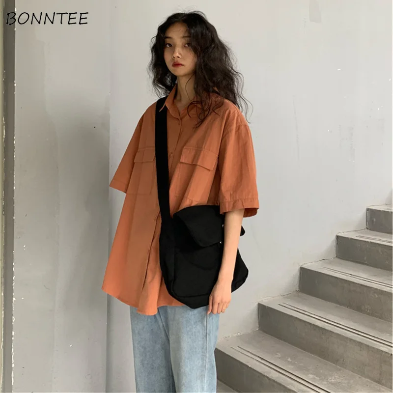

Retro Shirts Women Short Sleeve Solid Button Loose Casual Students Chic Fashion All-match Breathable Ins Summer Korean Style New