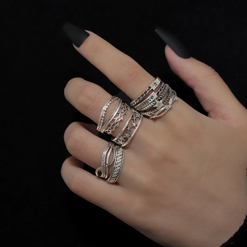 Винтажный металлический Серебряный набор колец с широкими костяшками для женщин