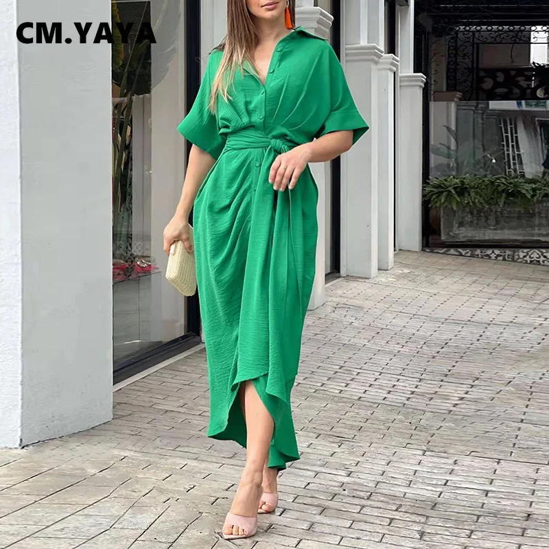 

Женское однобортное платье макси CM.YAYA, Зеленое Длинное Платье-рубашка с высокой талией, рюшами и поясом, лето 2022