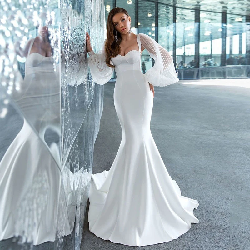 

Puffy Long Sleeve Satin Backless Elegant Bridal Gowns For Women Mermaid Wedding Dresses Sweep Train Vestidos De Noiva
