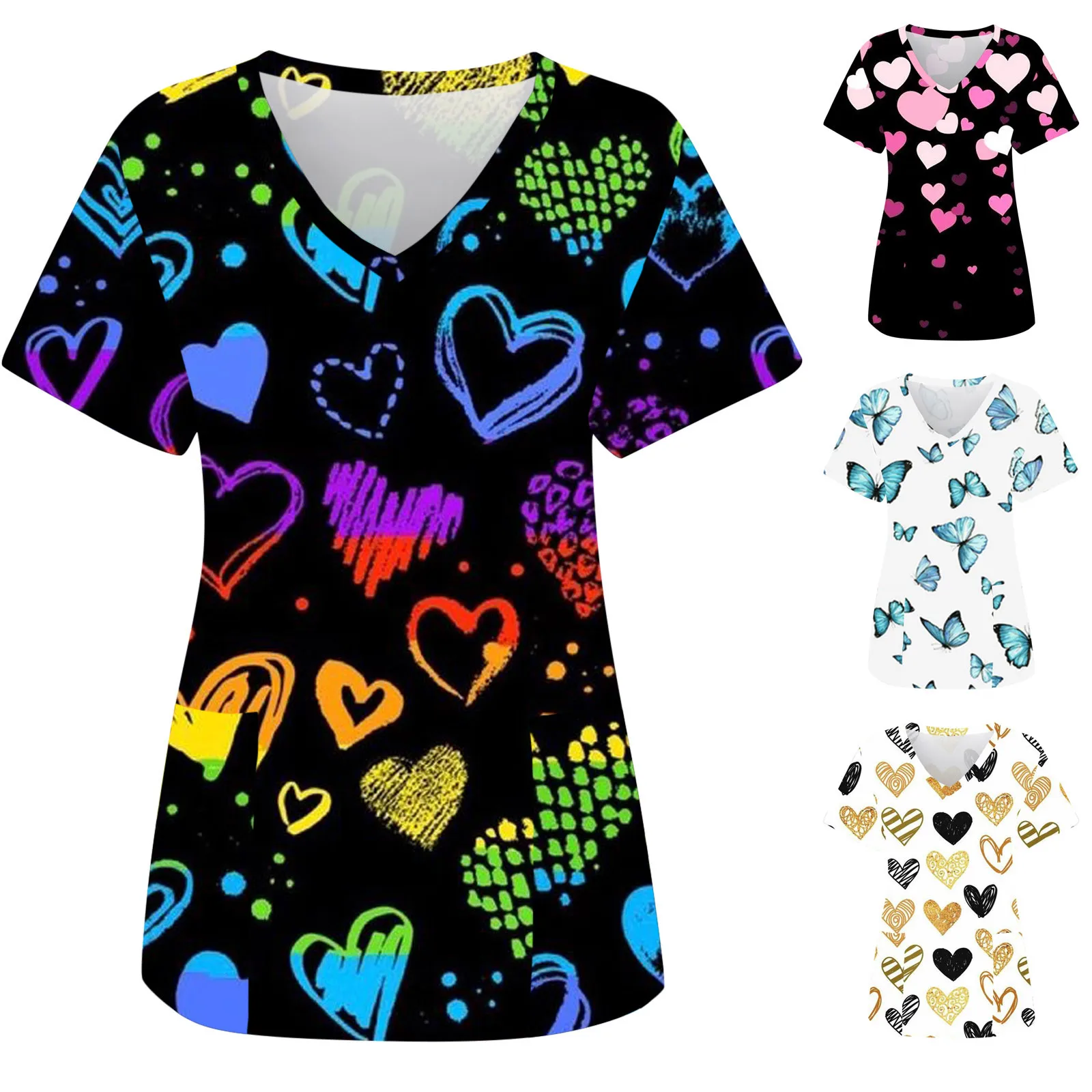 

Женская мода Бабочки Печать Спецодежда с коротким рукавом v-образный вырез 100 полиэстер рубашки женские упражнения рубашка Женская свободн...