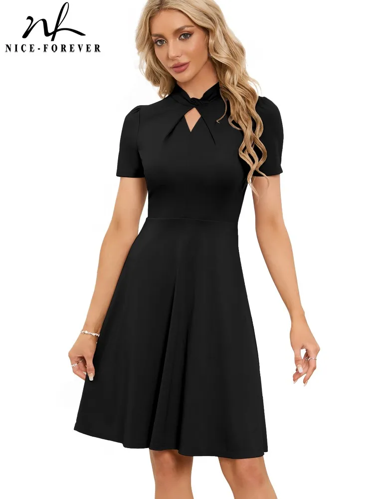 

Nice-Forever летние женские стильные однотонные черные Цвет платья Повседневные Вечерние нарядное расклешенное платье свободное платье A376