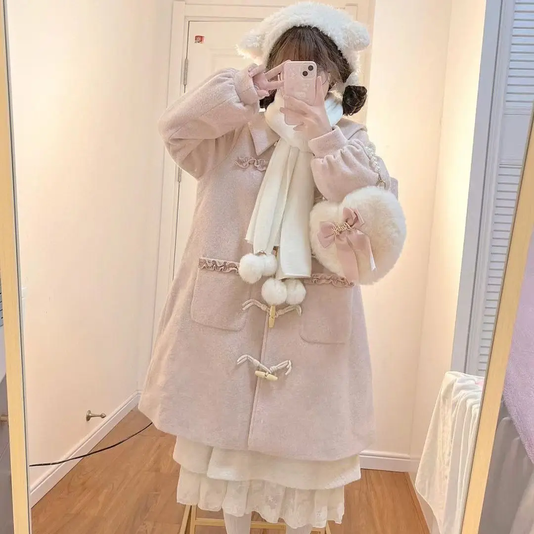 

Japanese Peter Pan Collar Sweet Wool Coats 2023 Winter Horn Button Pink Lolita Long Jackets For Women Pockets Thick Warm Outwear