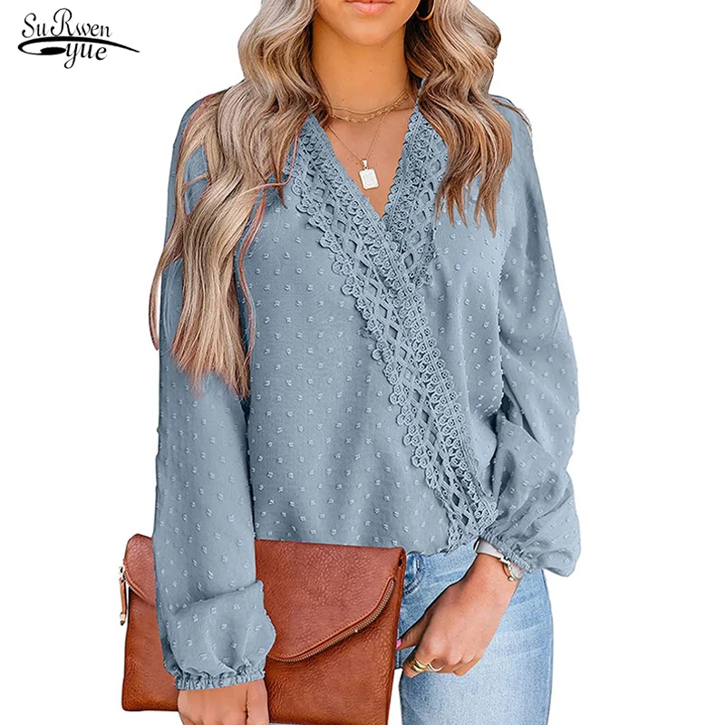 

2022 Spring V Neck Women Blouse Lace Patchwork Chiffon Cross Long Sleeve Tops Hollow Out Loose Dots Ladies Shirts Blusas 18987