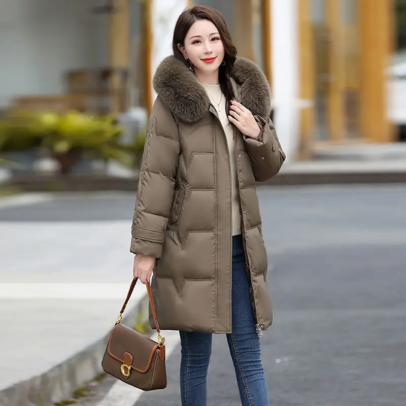 Winter Coat Down Jacket Women's Fashion Medium Long Solid Hooded  Thickened Warm Coat Winter Coat Women Coat