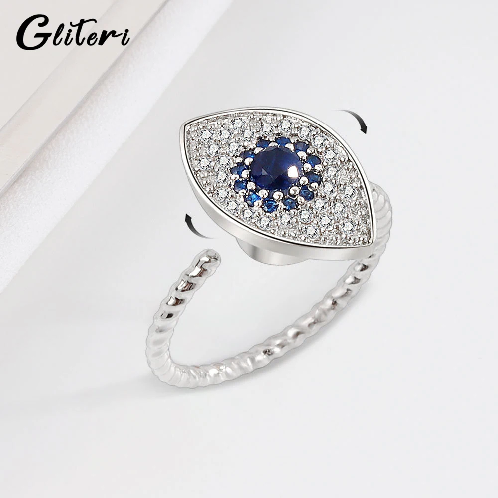 

GEITERI Vintage Rotatable Devil's Eye Rings For Women Men Silver Color Copper Zircon Oval Open Adjustable Finger Ring Jewelry