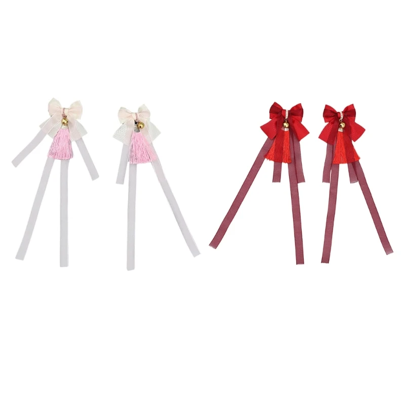 

NewYear Tassel Hairpin Handmade Bell Bows Ponytail Holder Chinoiserie Costume