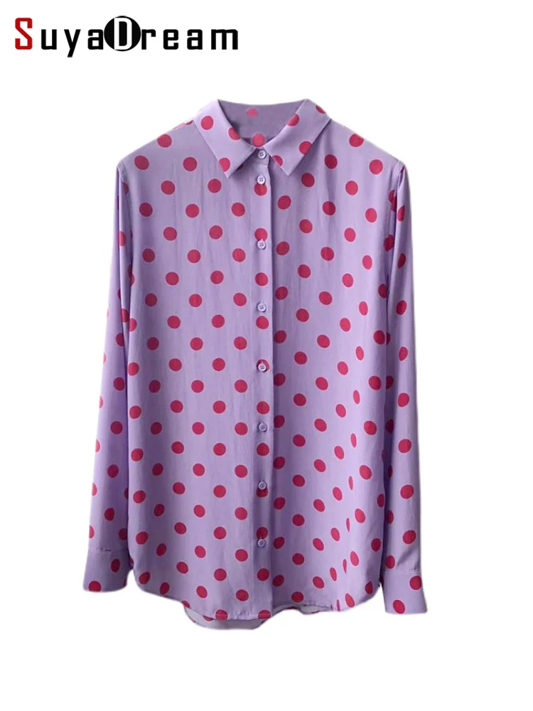 SuyaDream Silk Shirts for Woman 100%Silk Crepe Long Sleeve Turn Down Collar Dots Printed Blouse Shirt 2022 Spring Shirts