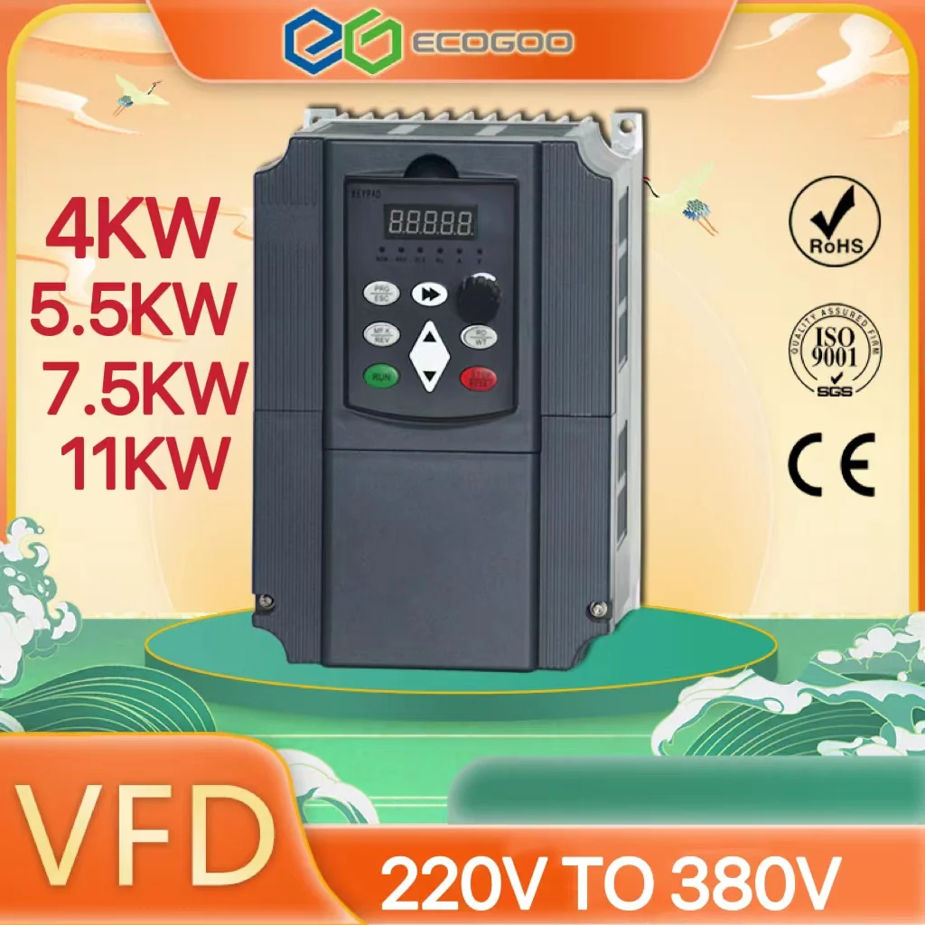 

VFD 1.5kw/2.2kw/4kw/5.5kw/7.5kw/11kw 220-380 single phase 220v household INPUT and three phases 380v output Frequency inverter