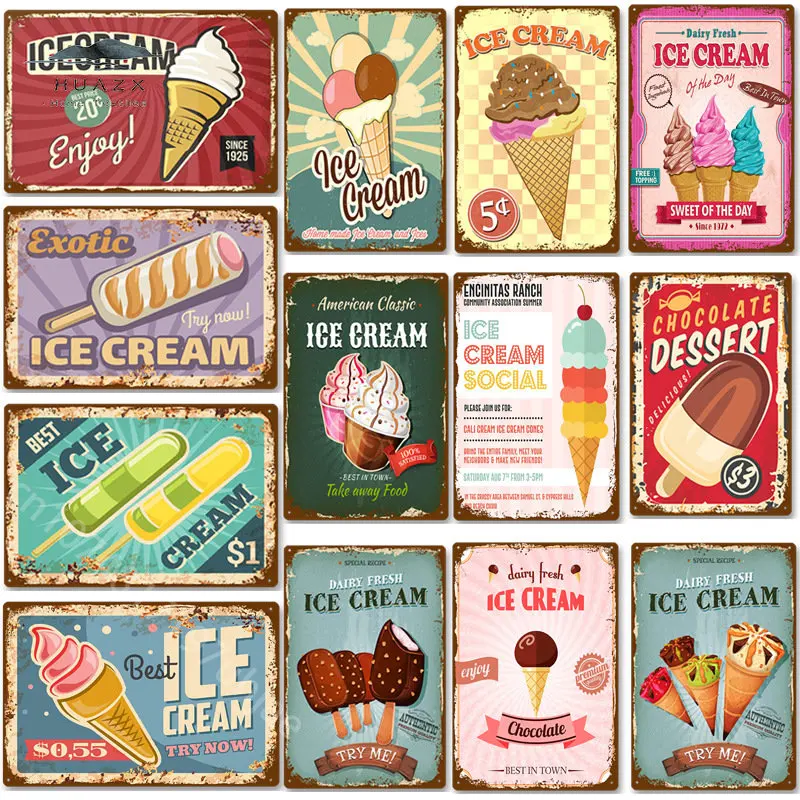 

Ice Cream Metal Tin Signs Retro Ice-cream Cone Shop Sign Plaques Wall Decoration Dessert Logo Signboard Painting Plate Poster