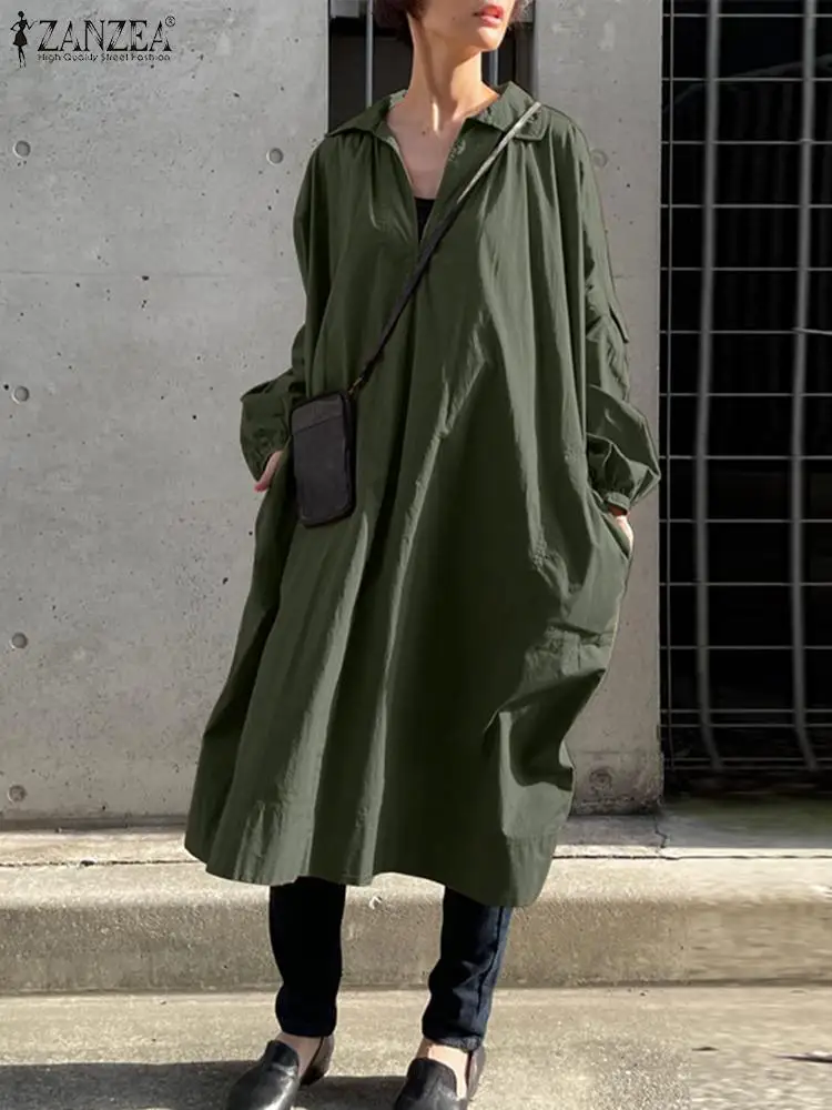 

Платье ZANZEA женское праздничное средней длины, Повседневная рубашка с длинным рукавом-фонариком, винтажный свободный сарафан с отложным вор...