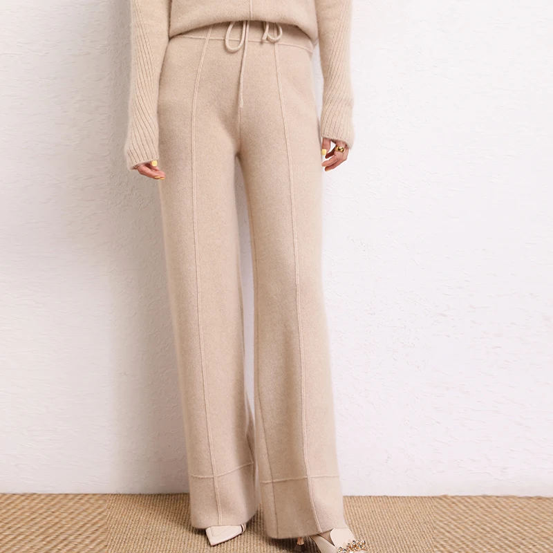 2022 New Autumn Winter Women 100% Cashmere Pants Soft Comfortable High-Waist Knitted Female Cashmere Thicken Wide Leg Pant