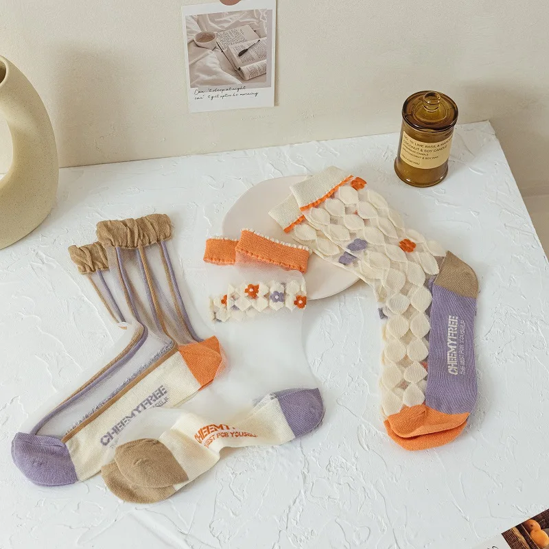 

Vertical Stripe Socks Women's Floret Woman Clothes Lightweight Kawaii Thin Harajuku Cotton Medium Hose Breathable Glass Fiber