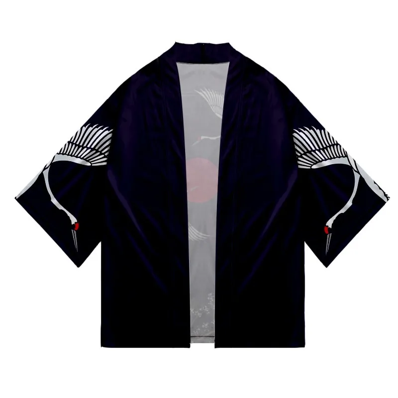 Chinese Kimono Men Print Crane Cardigan Large Size Polyester 3/4 Sleeve Robe Spring Summer New Underwear Casual Home Bathrobe