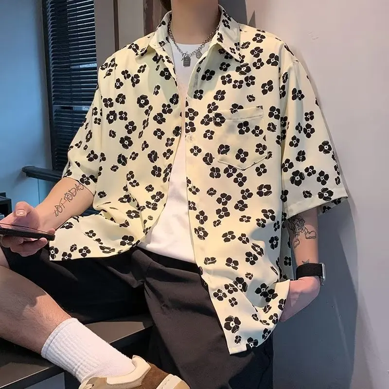 

E-BAIHUI Summer Print Shirts for Men Short Sleeve Loose Flower Men Shirt High Street American Vintage Casual Hawaiian Shirt Male
