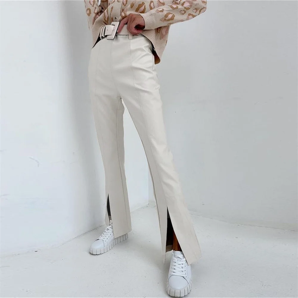 Pants Women PU Leather Autumn Fashion Elegant Office Casual Loose Leather Pants Elastic High Waist Female Long Trousers