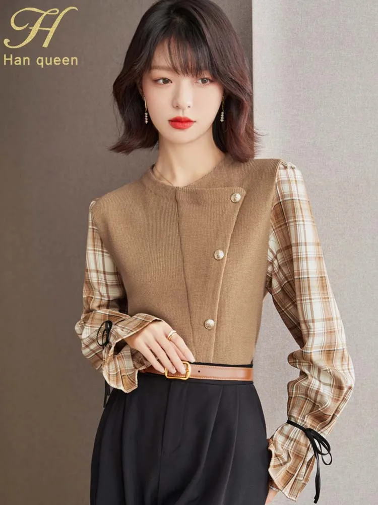 

H Han Queen 2023 New Autumn Tees Loose Flare Sleeve Plaid Patchwork T-Shirts Work Casual Tops Womens Chic Vintage Knitted Shirts