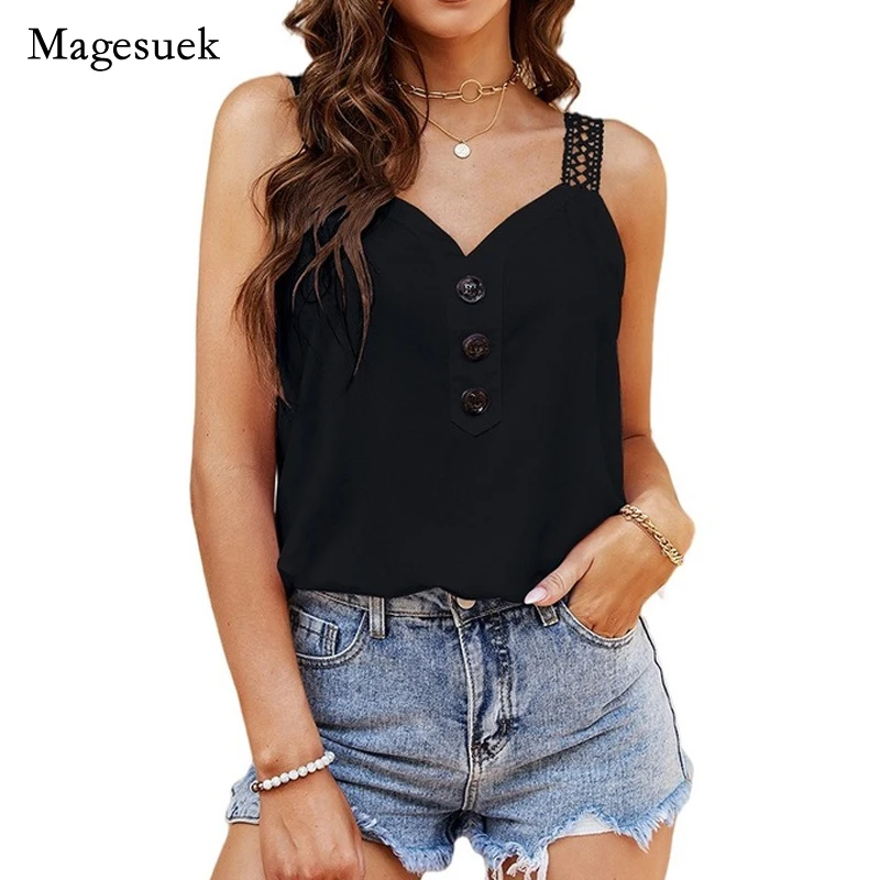 

Новая модная женская Повседневная Блузка, летние кружевные майки с V-образным вырезом, популярная женская блузка без рукавов на бретелях, эл...