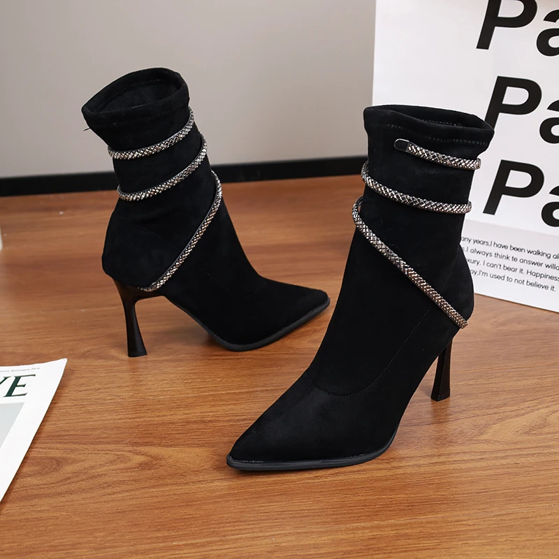 

Женские ботинки без шнуровки, офисные и деловые привлекательные ботинки до середины икры с острым носком и кристаллами, обувь на тонком каблуке, 2023