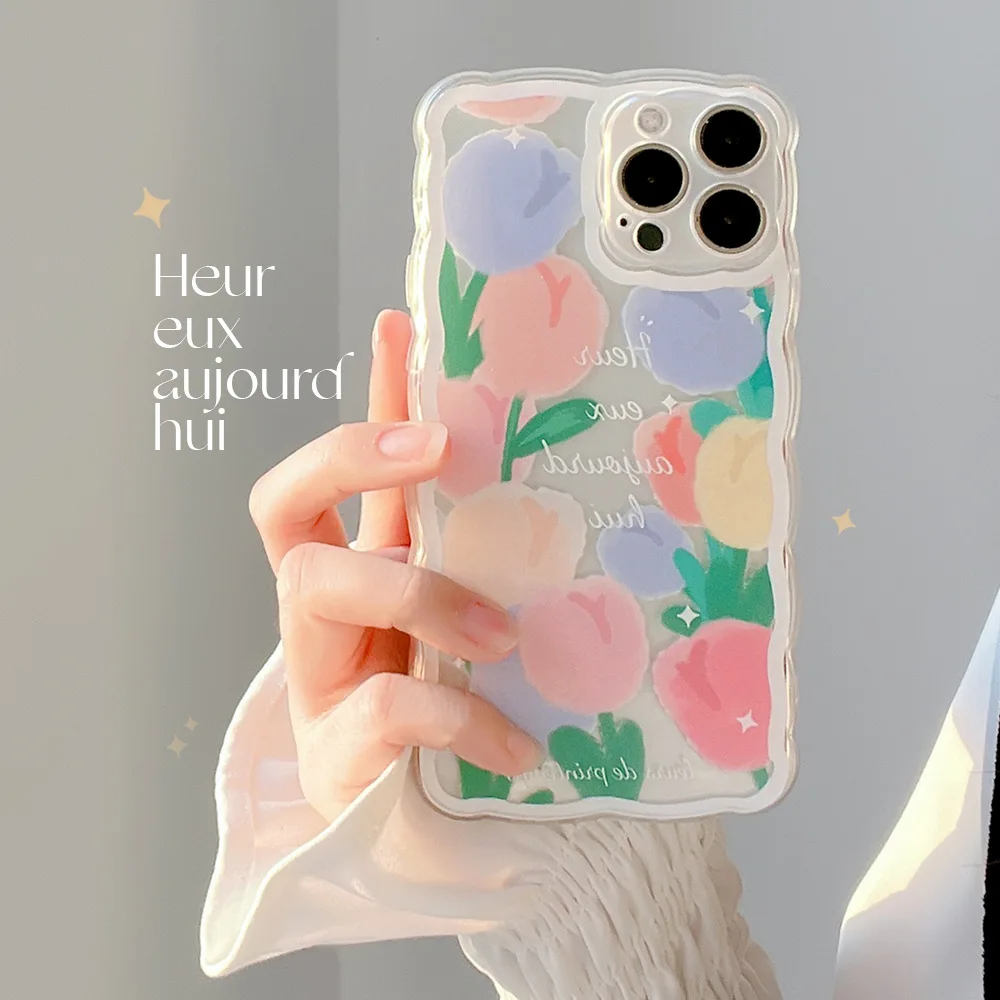 

Cute ColorFul Flower Wave Frame Phone Case For iPhone 11 12 13 Pro Xs Max Xr X 7 8 Puls SE Lens Protection Shockproof Soft Cover