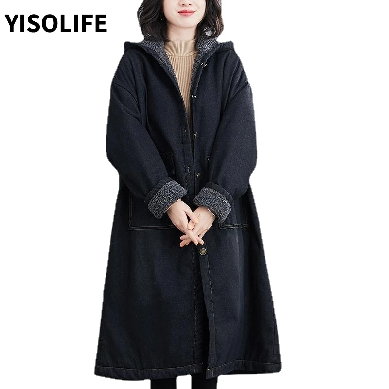 

Women's Winter Clothing Plus Fleece Coats and Jackets Long Loose Parkas Hooded Faux Fur Keep Warm Denim Jacket Puffer Coat Gift