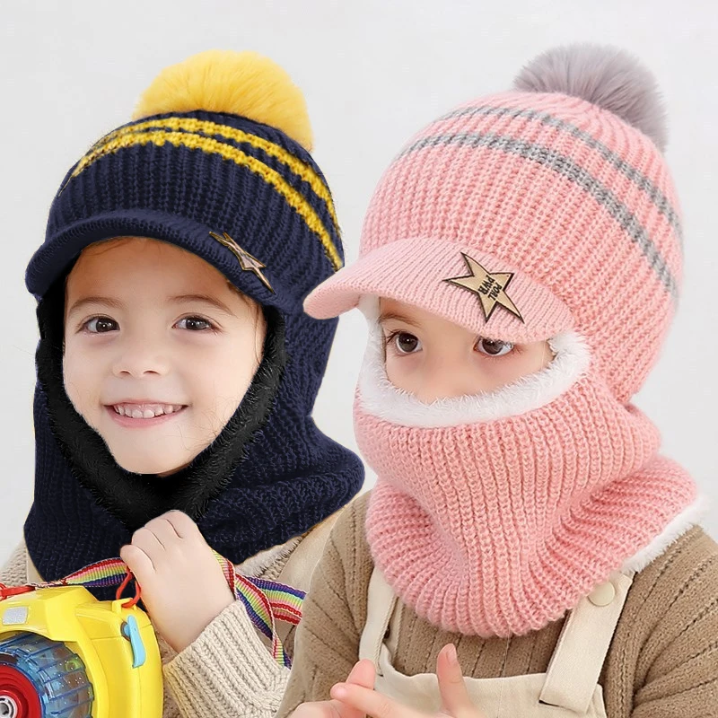 Купи Winter Baby Children Cute Knitted Plush Scarf Hat Two-piece Double Fleece Warmth Boys Girls Soft Outdoor Windproof Hat Kids Hat за 451 рублей в магазине AliExpress