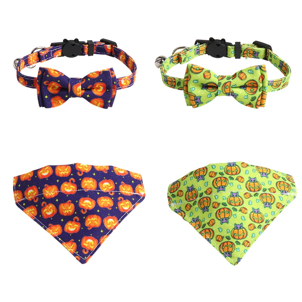 

Ошейники для кошек на Хэллоуин со съемной банданой, регулируемый ошейник для кошек с изображением тыквы, воротник-бандана для котят
