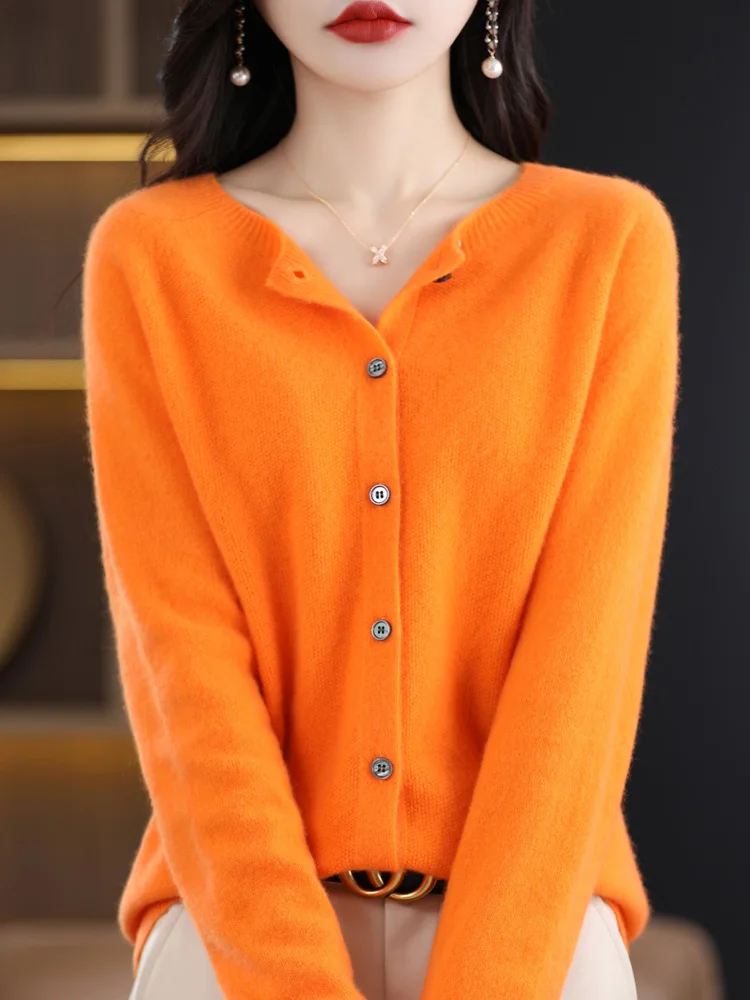 

Long Sleeve Cashmere Women Knitted Sweaters 100% Pure Merino Wool Spring Autume O-Neck Top Cardigan Non-Connect One Line