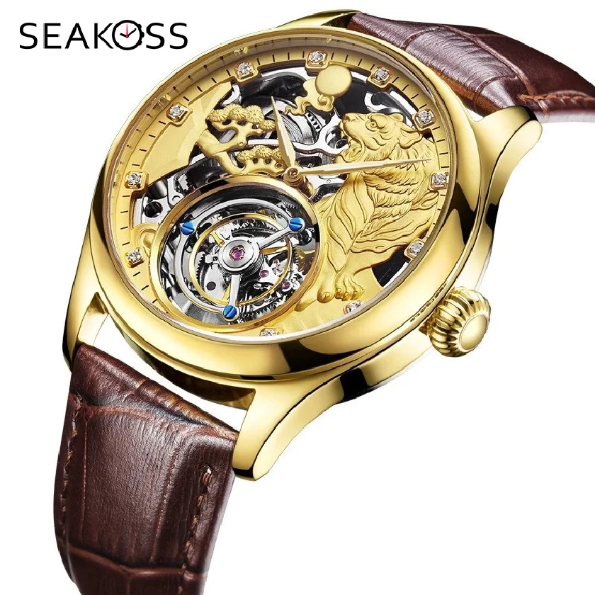 

Luxury Gold Tiger Skeleton Dial Men Tourbillon Mechanical Watch Zodiac Clock Crocodile Leather Man Wristwatches Free Print LOGO