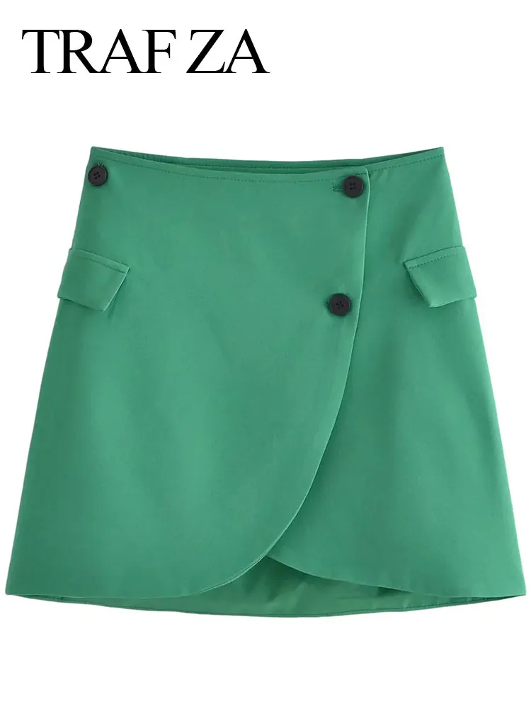 

TRAF ZA Commuter Office Solid Color Skirt Asymmetric Button Pocket High Waist Slim Fit Versatile Fashion Skirt Ladies Summer
