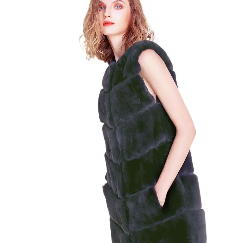 Women Real Rabbit Fur Long Vest Winter Soft Warm Thick Outwear Rex Rabbit Fur Ladies Sleeveless Coat Mid-length Natural Fur Vest
