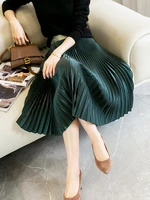 fashion autumn metallic midi long pleated skirt women korean style multiple colour spring mid length high waist skirt female