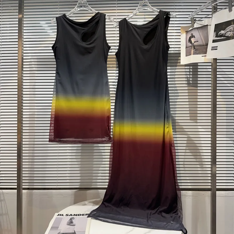 

BORVEMAYS Contrasting Colors Mesh Dress Summer 2023 New O Neck Sleeveless Patchwork All-match Dresses Trend Fashion WZ3704