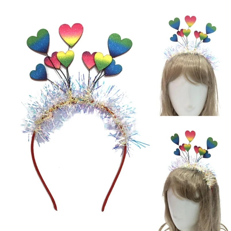 

28TF Sequins Tinsel Rainbow Heart Shape Headband for Teens Easter Performances