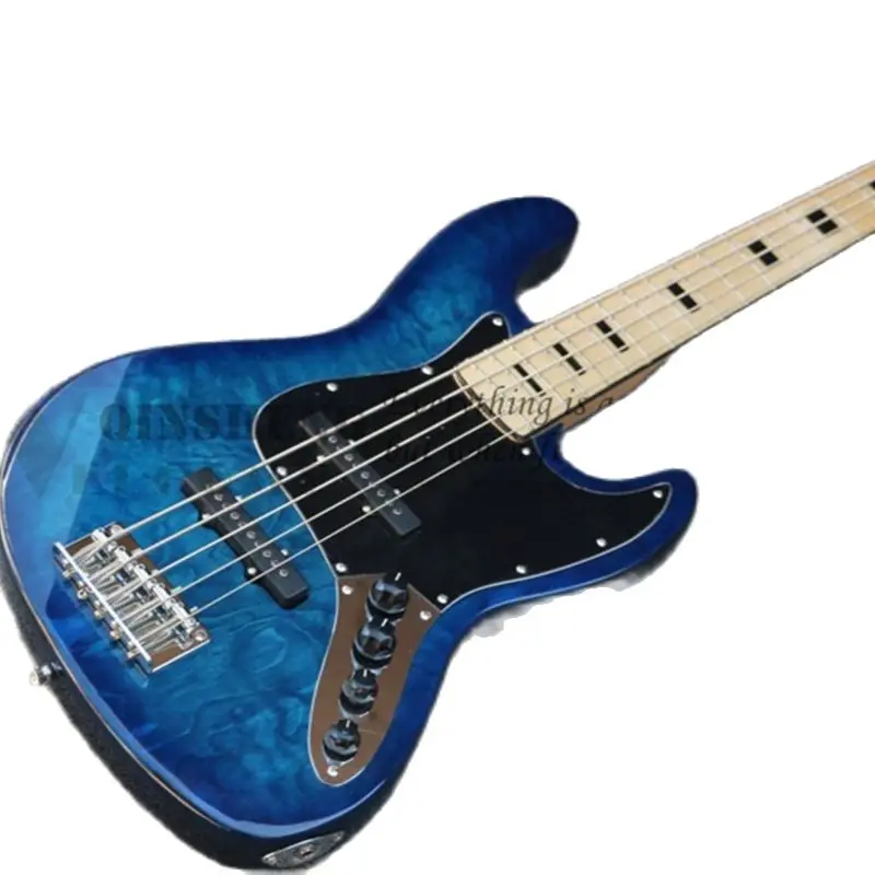 

5 Strings Bass Guitar Jaz Blue Bass Mahogany Body Squilted Maple Top Maple Fingerboard Fixed Bridge Black Pickguard