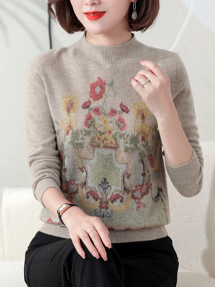 

Свитер с принтом из 100% шерсти, топы, осенне-зимняя модная женская одежда в Корейском стиле, пуловер с длинным рукавом, вязаная одежда, женские свитера