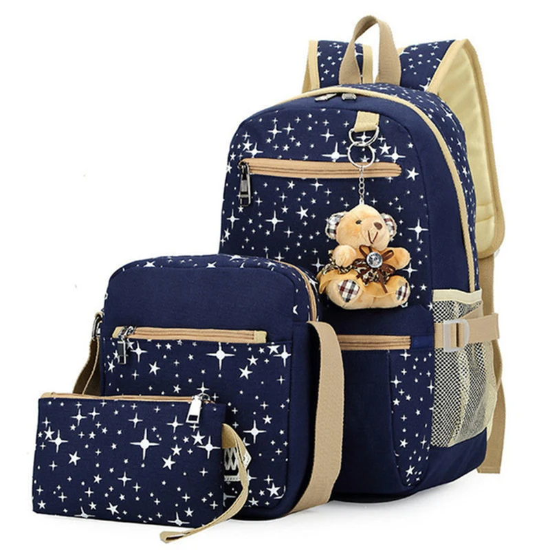 3pcs/set Women Backpack School Bags Star Printing Cute Backpacks With Bear For Teenagers Girls Travel Bag Rucksacks Mochila