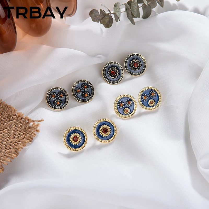 

TRBAY Coin Post Earring Sunflower Design Oil Painting Enamel Earrings Zinc Alloy Material Gold Plating Color Elegant Office Lady